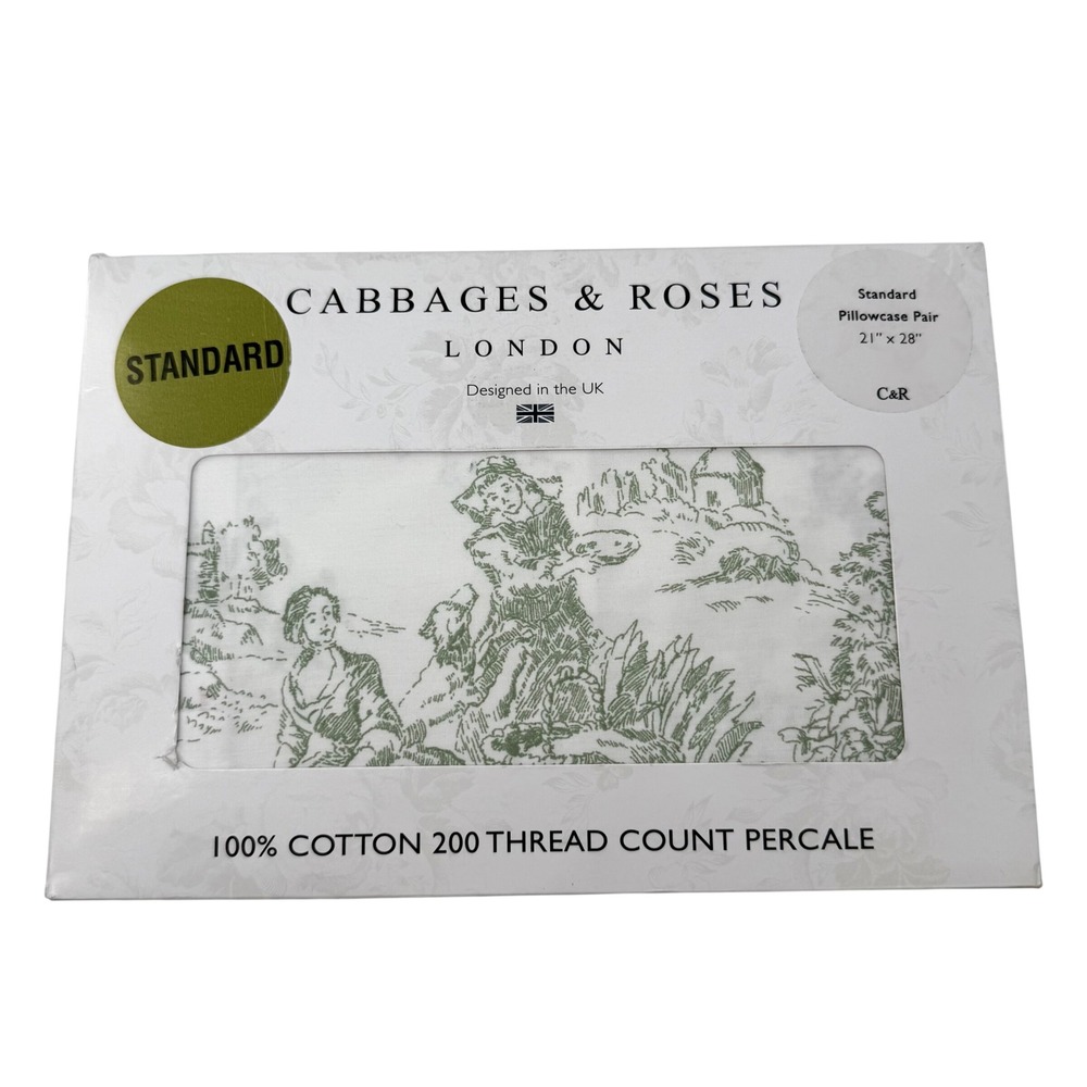 Cabbages & Roses Pillowcase Pair Standard Sage Green NEW Country Toile Cotton
